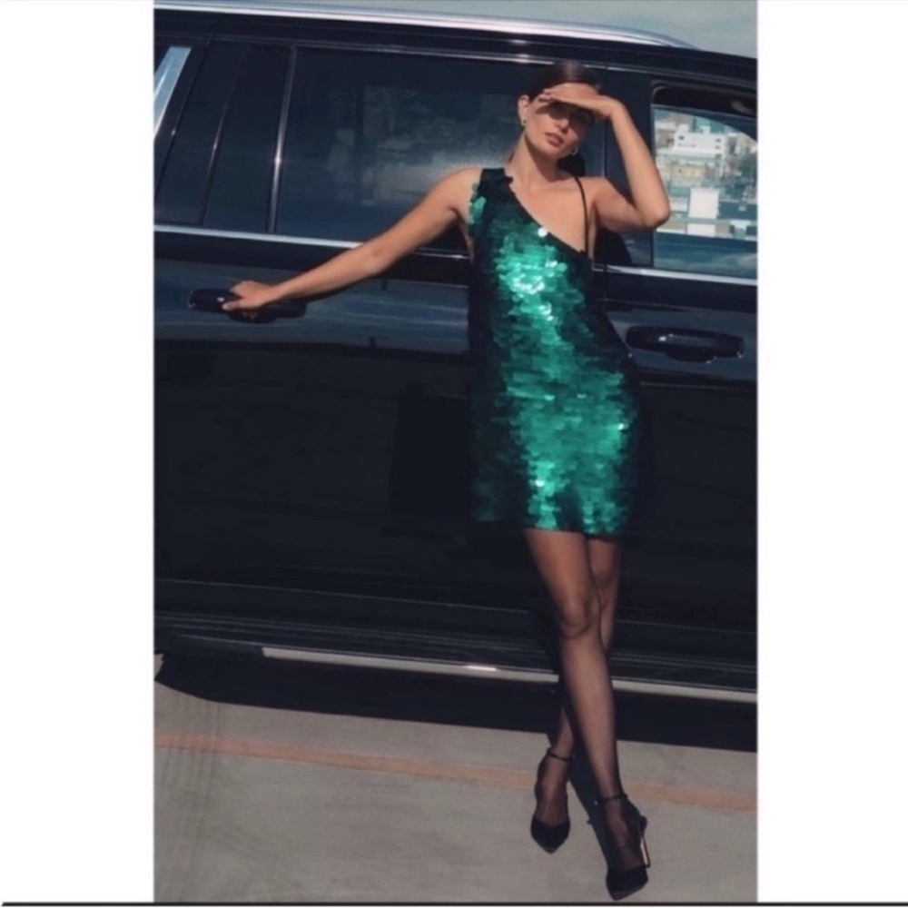 Anthropologie Maeve Sequin One Shoulder Mini Dress Green Blue Size Small NWT